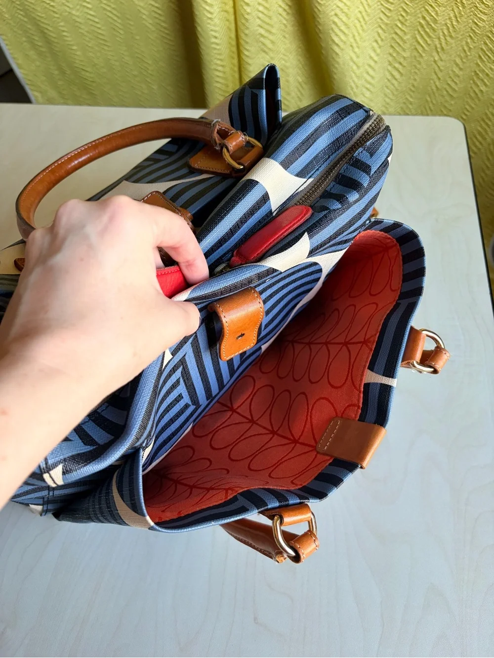 Orla Kiely Blue and Cream Graphic Print Satchel with Tan Trim